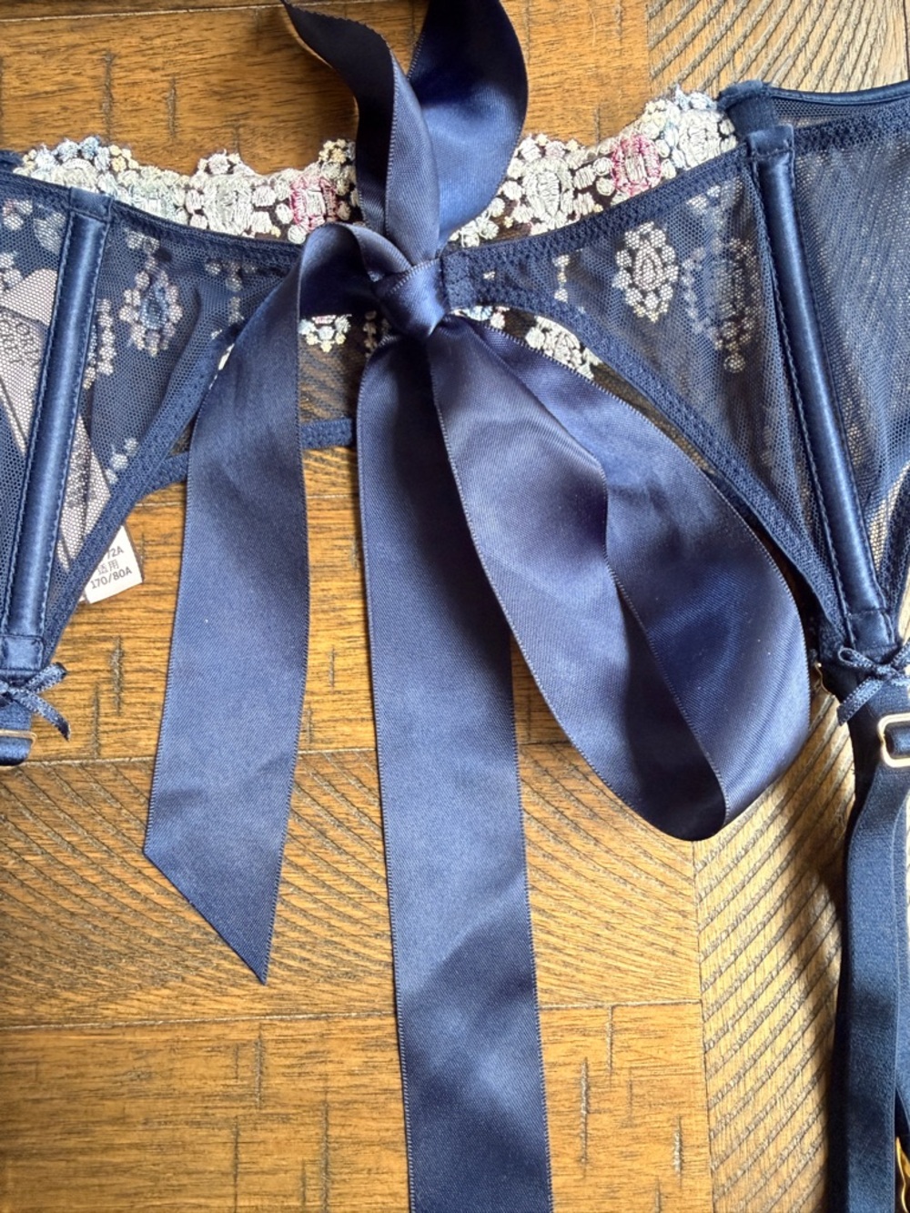 Victoria's Secret Navy Embroidered Lace-Up Bustier & Garter - Picture 8 of 12